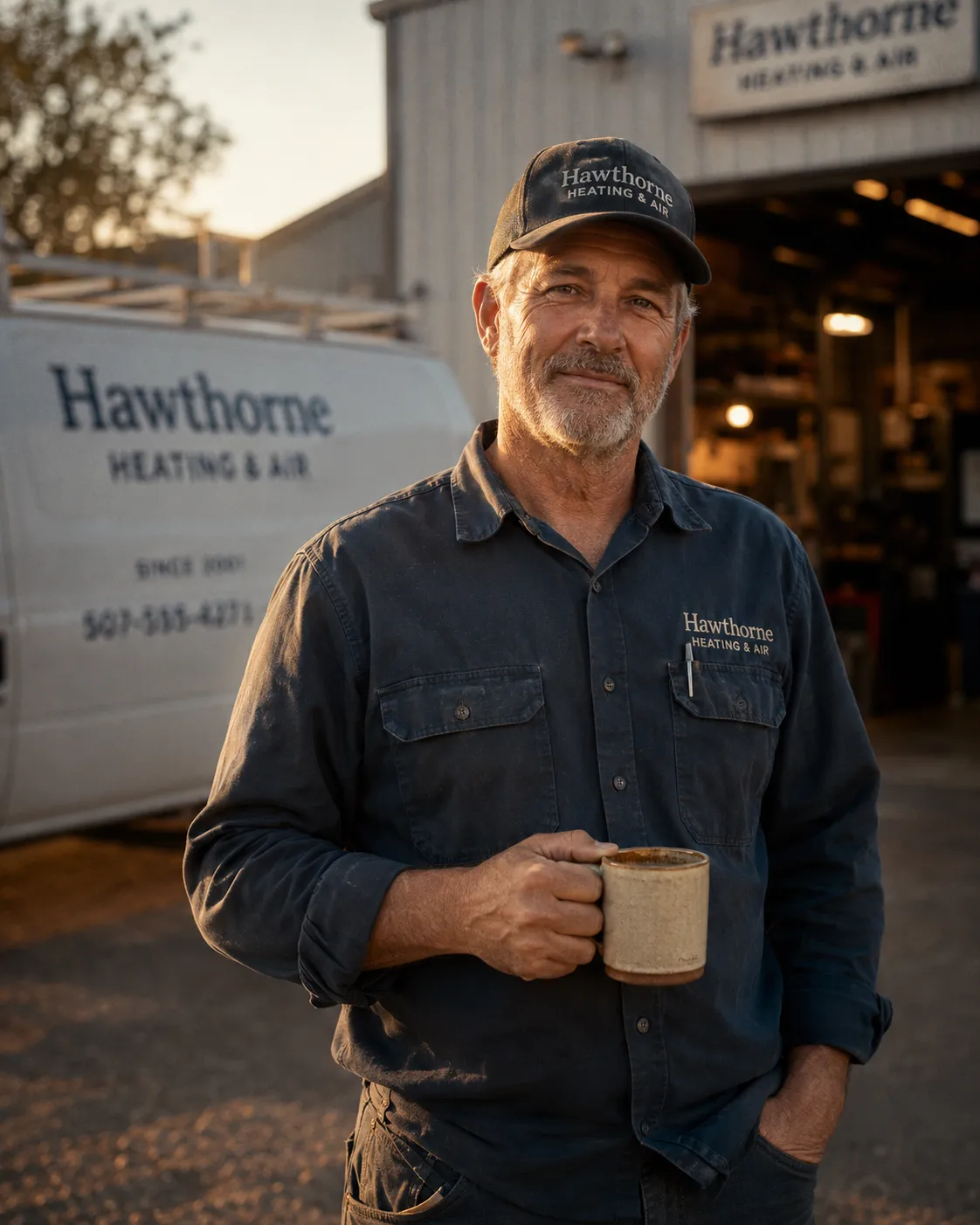 A heating and cooling business owner in a work shirt and cap, holding a mug in front of his branded service van and shop at golden hour.