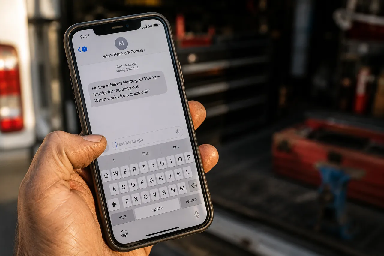 A customer's phone showing an automated text reply from a heating and cooling company seconds after they reached out, offering to set up a call.