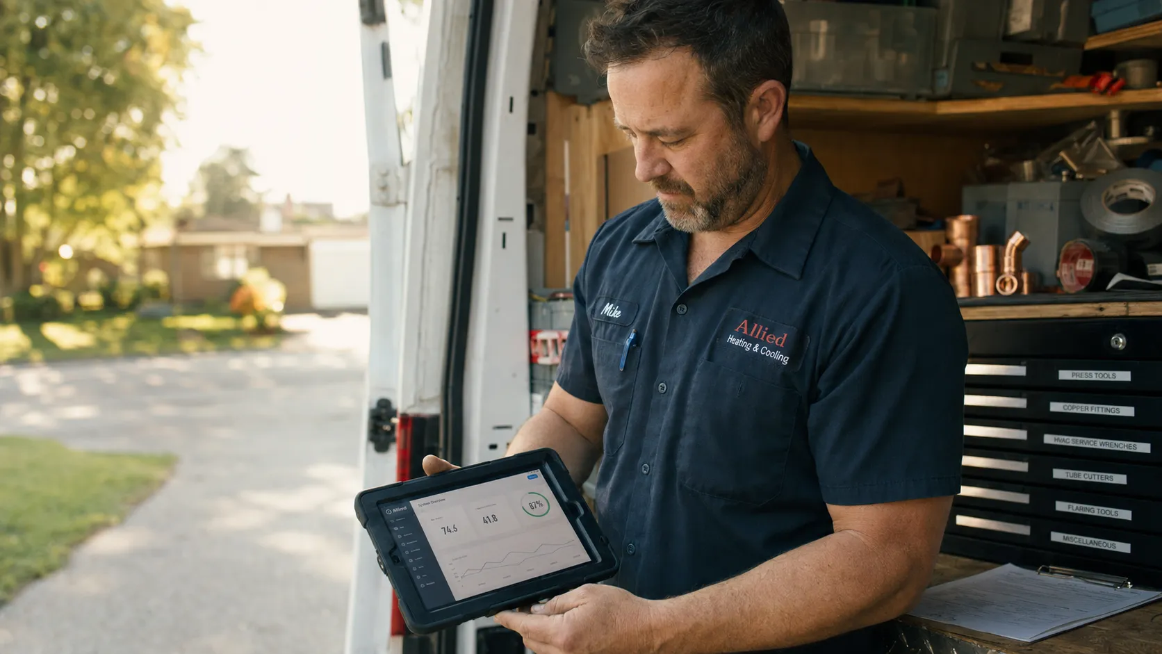 An HVAC technician at the open back of his service van, checking a job dashboard on a rugged tablet, with a drawer of labeled tools beside him.